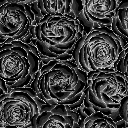 Beautiful monochrome, black and white seamless background with roses.