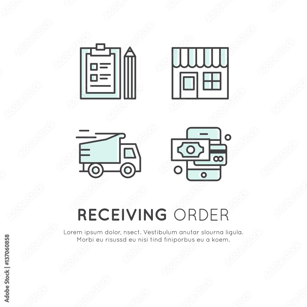 Vector Icon Style Illustration Card Logo Set of Internet shopping process - shop building with awning, online mobile payment, delivery truck and receiving order, Simple Isolated Symbols Vector Icon Style Illustration Card Logo Set of Internet shopping process - shop building with awning, online mobile payment, delivery truck and receiving order, Simple Isolated Symbols