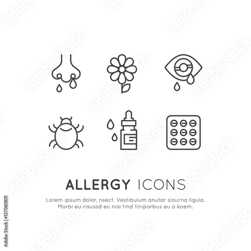 Vector Icon Style Illustration Card Logo Set Allergens, Season or Spring Illness, Unwell, Allergy and Intolerance, Simple Isolated Symbols for Web and Mobile App