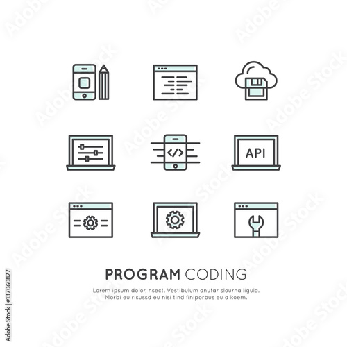 Vector Icon Style Illustration Card Logo Set of Program Coding App for Mobile and Web, SEO, Optimization, IT Development Process, Simple Isolated Symbols for Web and Mobile App