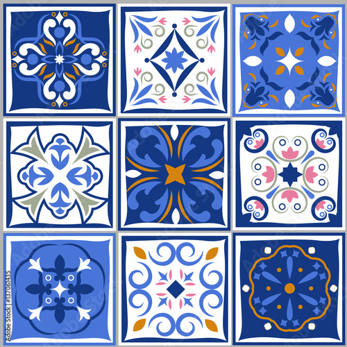 Ceramic tiles vintage patterns. Vector spanish style architecture blue tale set