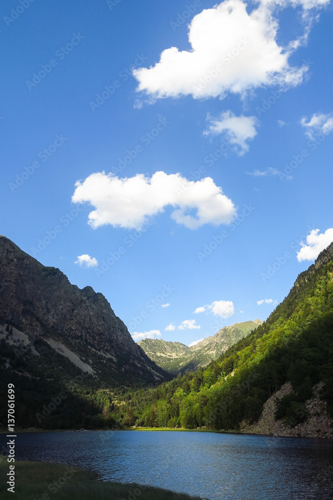Fototapeta premium Panorama to Aigüestortes National Park in the Catalan Pyrenees. The main crest of Pyrenees forms a divide between France and Spain, with the microstate of Andorra sandwiched in between