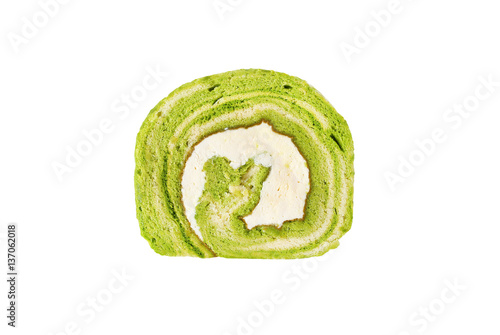 Matcha green tea yam roll cake isolated on white background