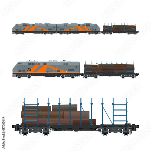 Locomotive with Railway Platform for Timber Transportation, Train, Railway and Cargo Transport, Vector Illustration