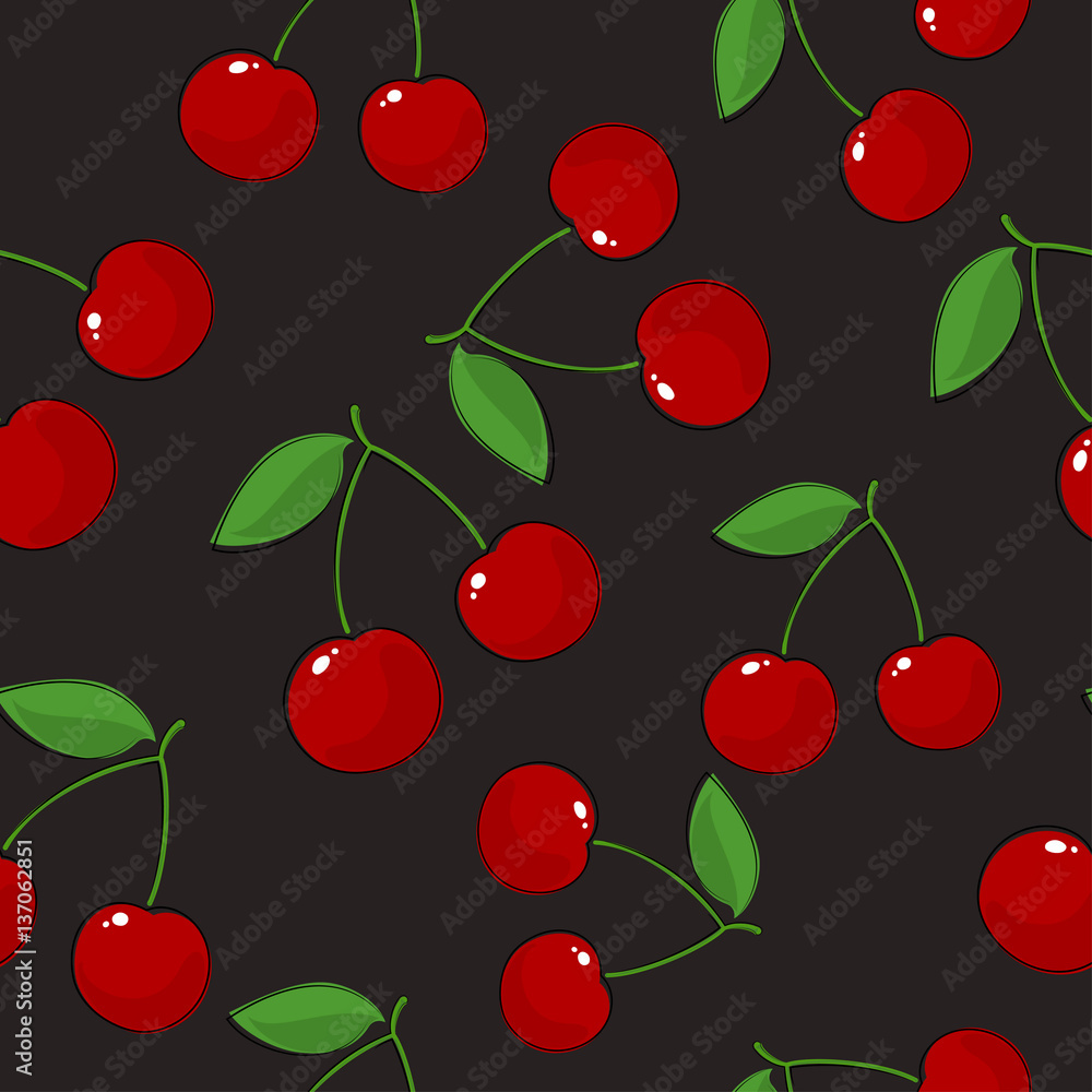 Seamless Pattern of Cherry, Fruit Berry Pattern, Sweet Cherry on Gray Background, Vector Illustration Seamless Pattern of Cherry, Fruit Berry Pattern, Sweet Cherry on Gray Background, Vector Illustration
