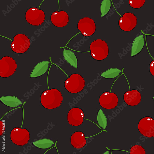 Seamless Pattern of Cherry, Fruit Berry Pattern, Sweet Cherry on Gray Background, Vector Illustration