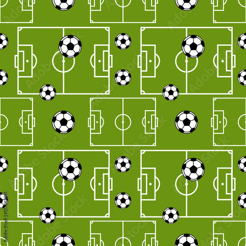 Seamless pattern with a football field and ball on a green background.