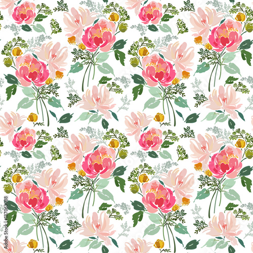Seamless pattern with abstract flowers in bouquets and foliage.