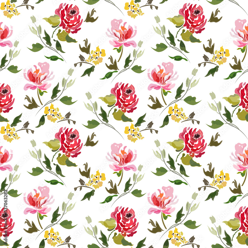 Seamless pattern with abstract summer flowers and branches with leaves. Seamless pattern with abstract summer flowers and branches with leaves.