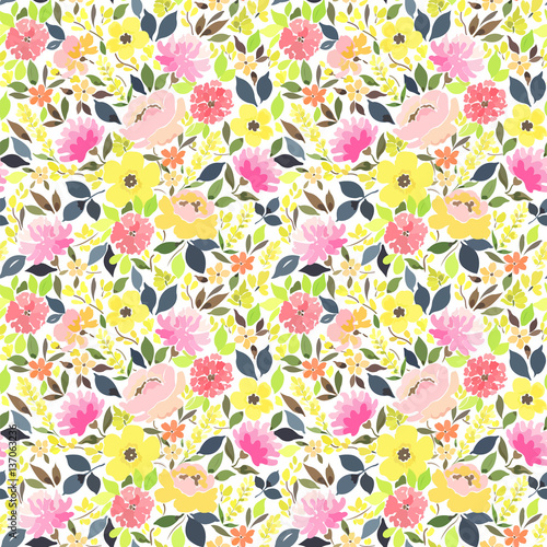 Seamless pattern with abstract garden flowers in bright summer colors.