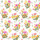 Seamless pattern with bouquets of flowers and an orange on a branch.