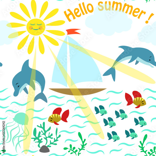 Seamless pattern with sea, sailing, dolphin and inscription Hello summer.