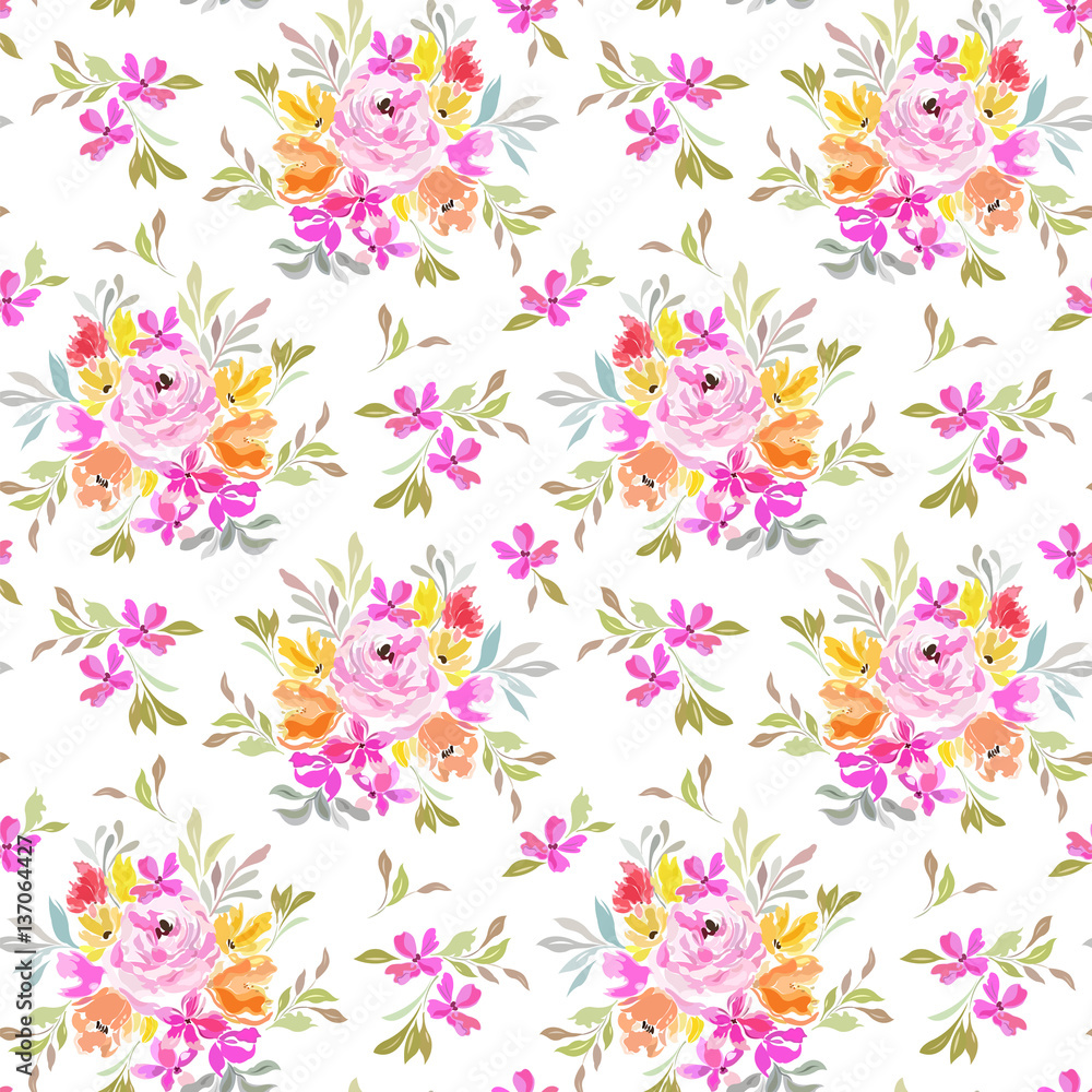 Seamless pattern with summer flowers in a bouquet and leaves, floral ornament.