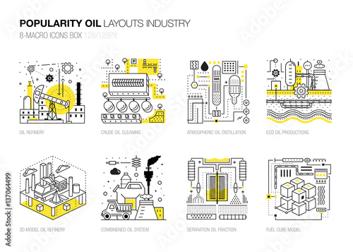 Popularity modern layouts oil industry in new flat line style with gas station electrical, petrol technology and refinery systems development. infographics strategy program. Pictogram for design.