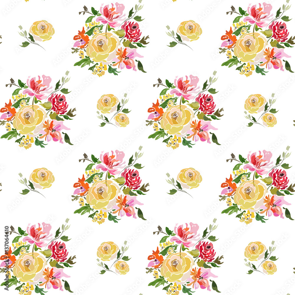 Seamless pattern with yellow roses and bouquets of summer flowers. Seamless pattern with yellow roses and bouquets of summer flowers.