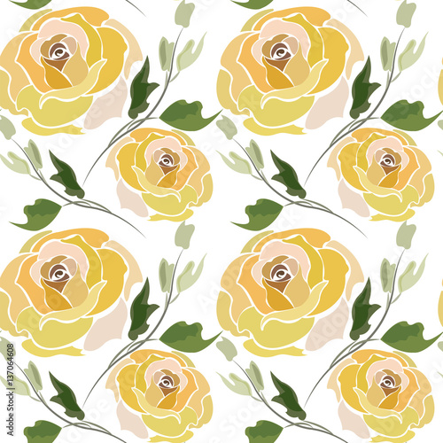 Seamless pattern with yellow roses and green branches with leaves.