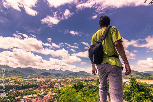 September 20, 2014: Traveller at the top of Phousi mount in Luan photo