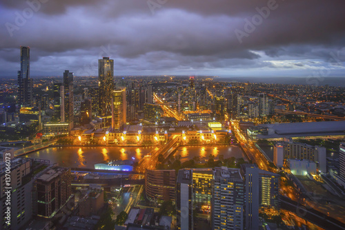 An aerial view of Melbourne cityscape including Yarra River and