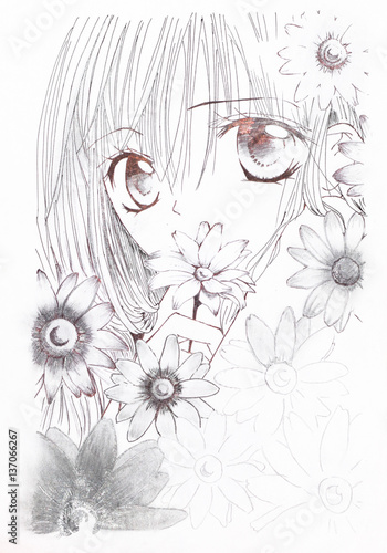Drawing in the style of anime. Picture of a girl in the flowers in the picture in the style of Japanese anime