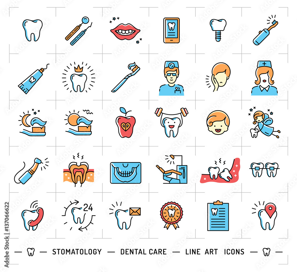Stomatology icon Dental care logo. Colorful dentistry thin line art ...