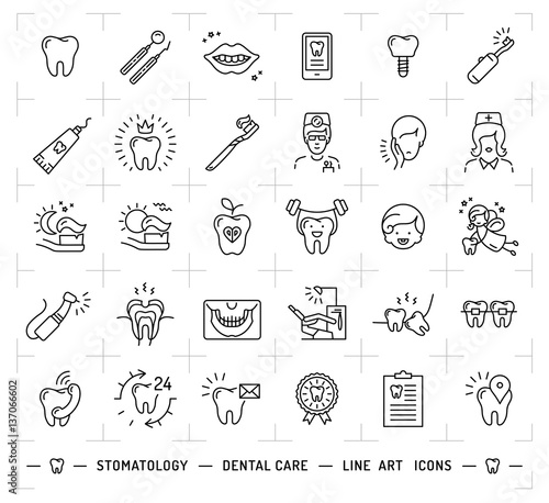 Stomatology icon Dental care logo. Symbols teeth, dentist, smile, caries, implant, office. Dentistry thin line art icons, Vector flat illustration