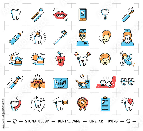 Stomatology icon Dental care logo. Colorful dentistry thin line art icons. Symbols teeth, dentist, smile, caries, implant, office. Vector outline elements