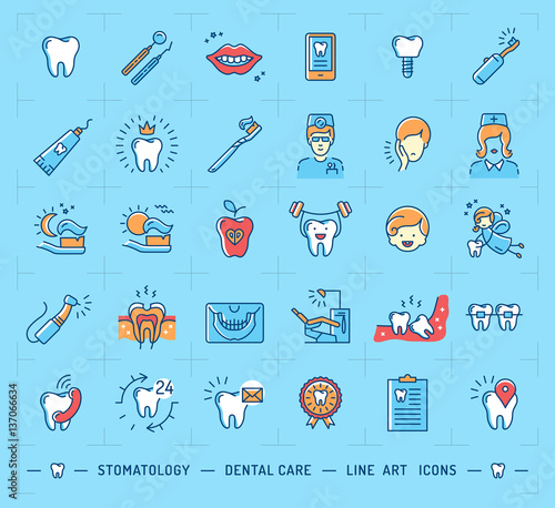 Stomatology icon Dental care logo. Children dentistry thin line art icons. Symbols teeth, dentist, smile, caries, implant, office. Vector outline elements