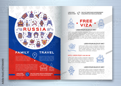 Russian travel brochure template. Colorful russian icons on a flag background. Traditional line symbols - doll matryoshka, samovar, balalaika, vodka and food, bear, USSR and etc. Vector illustration
