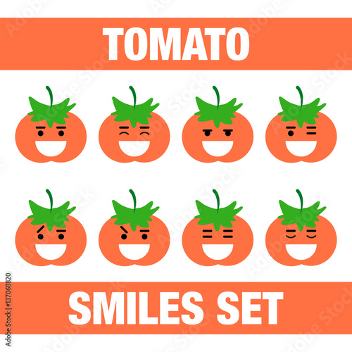 vector illustration with funny tomato flat character smile set on white background.Cute flat tomato smile character set photo