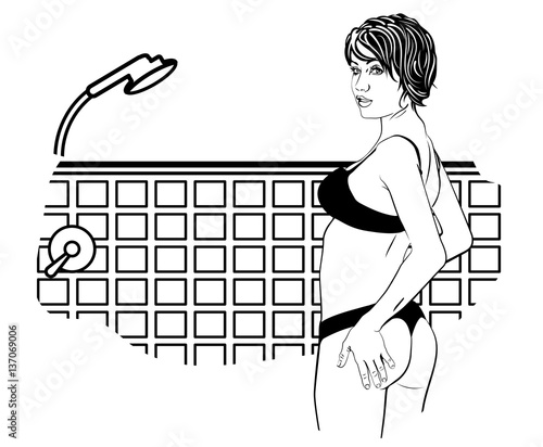 Woman undressed in the bathroom. Retro-styled vector image.