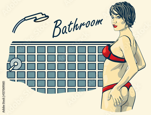 Woman undressed in the bathroom. Retro-styled vector image.