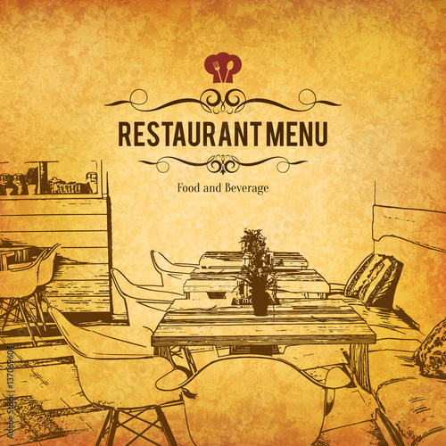 Restaurant menu design. Vector menu brochure template for cafe, coffee house, restaurant, bar. Food and drinks logotype symbol design. With a sketch pictures
