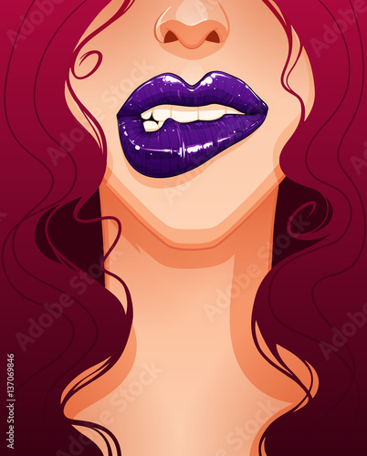 Close-up of sexy woman's face biting her lip. Beautiful full lips and purple lipstick.