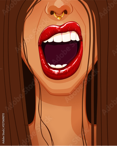 Close-up of sexy woman's face with beautiful full red lips and opened mouth
