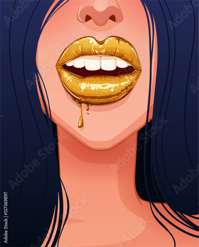 Close-up of sexy blonde woman's beautiful lips with dripping gold lipgloss
