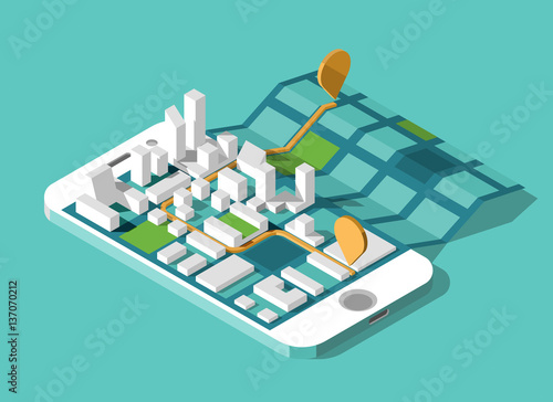 City isometric plan with road and buildings on screen smart phone. Map on mobile application. Vector illustration. 