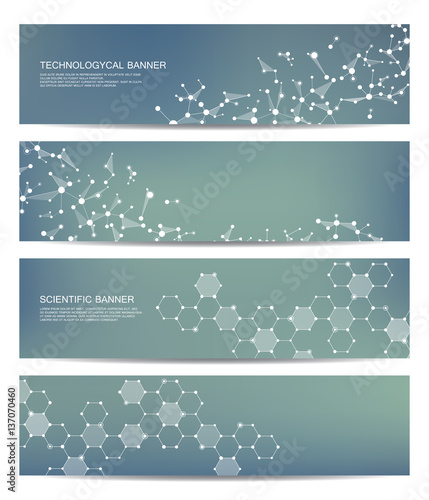 Set of modern scientific banners. Molecule structure DNA and neurons. Abstract background. Medicine, science, technology, business, website templates. Scalable vector graphics.