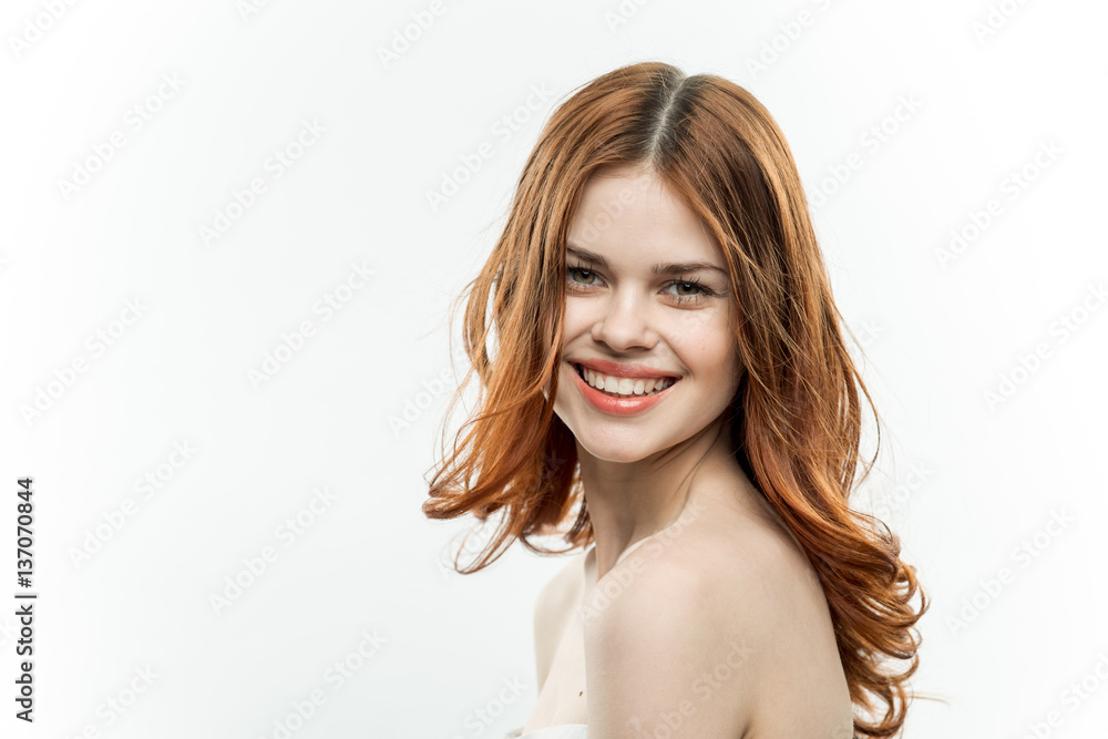 woman with beautiful smile, light background woman with beautiful smile, light background