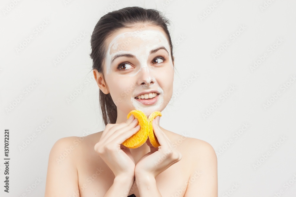 cheerful brunette has appropriated a chin sponge cheerful brunette has appropriated a chin sponge