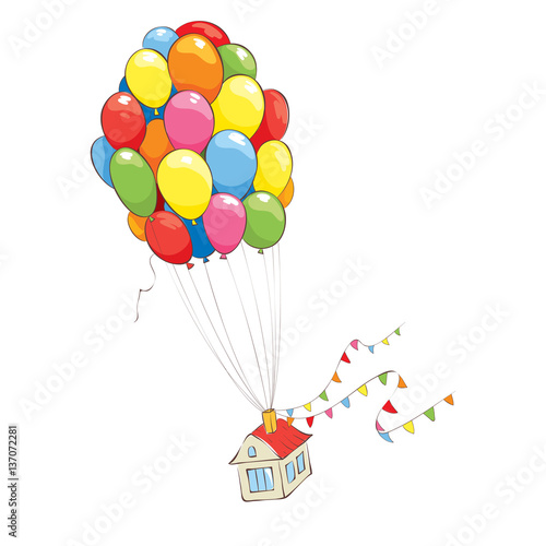 Travel without leaving home / Vector illustration, house flies on a bunch of balloons