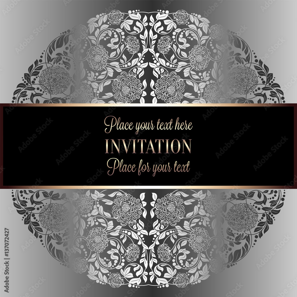 Baroque background with antique, luxury silver and gray vintage frame, victorian banner, damask floral wallpaper ornaments, invitation card, baroque style booklet, fashion pattern, template for design