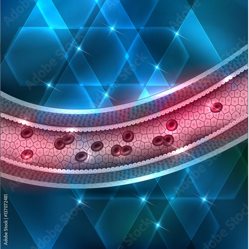 Healthy artery anatomy and blood flow on a beautiful blue geometric shapes background with glow