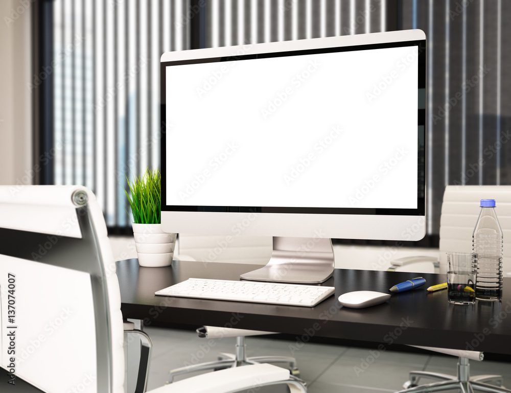 Fototapeta premium 3D Modern office with blank computer screen. Mockup