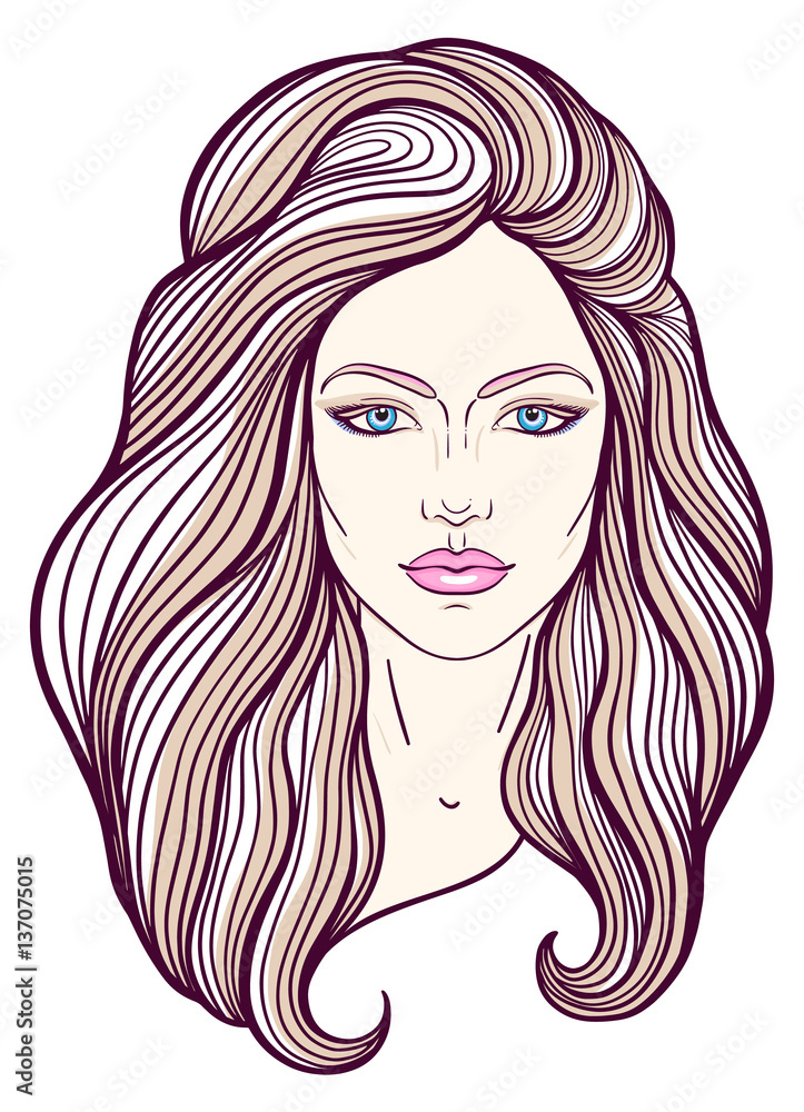 Beautiful girl face with long hair, make up and neutral expression. Hand drawn woman portrait stylized in lines. Decorative vector illustration Beautiful girl face with long hair, make up and neutral expression. Hand drawn woman portrait stylized in lines. Decorative vector illustration