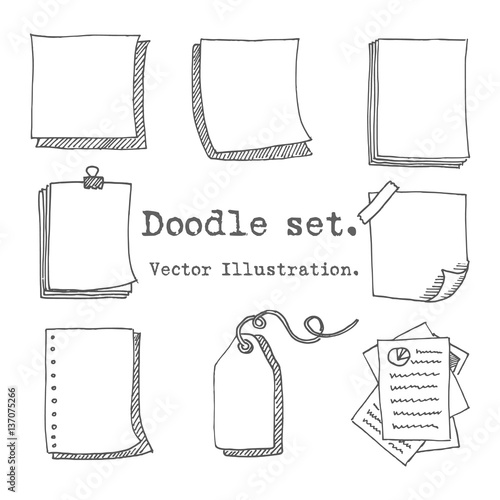 Hand drawn vector set of paper sheet, pack of paper, tag, sticky note, notepad page with pin, scotch tape and paperclip. Doodle style illustration paper sheets for messages. Collection of doodle icons