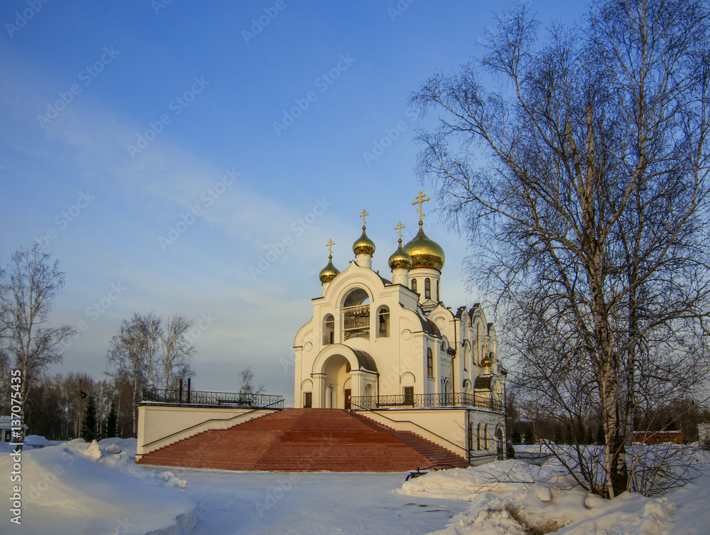 Cathedral in snow under blue sky and birches