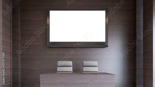 Wooden table and white television are placed in seminar room , 3D rendering
