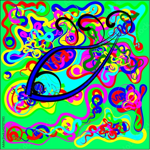 Abstract seamless colored fragments of pieces with colored threads of red, pink and blue, green and yellow waves from the center tend to throughout the drawing and an eye in the center of the picture