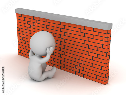 Depressed 3D Character with Brick Wall