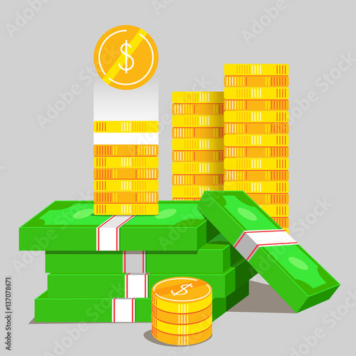 Vector illustration investment concept. A lot of money, golden coins and paper dollars. 